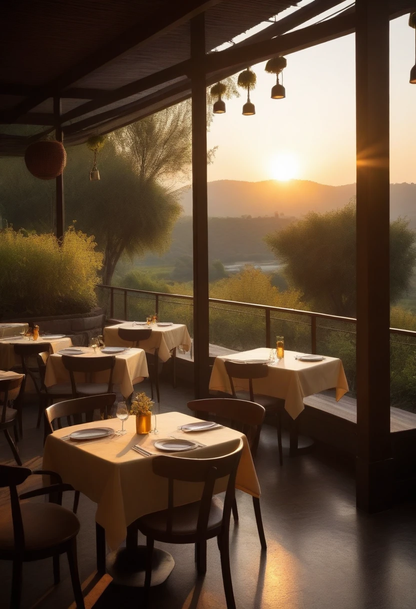 landscape restaurant without people sunset warm sunlight