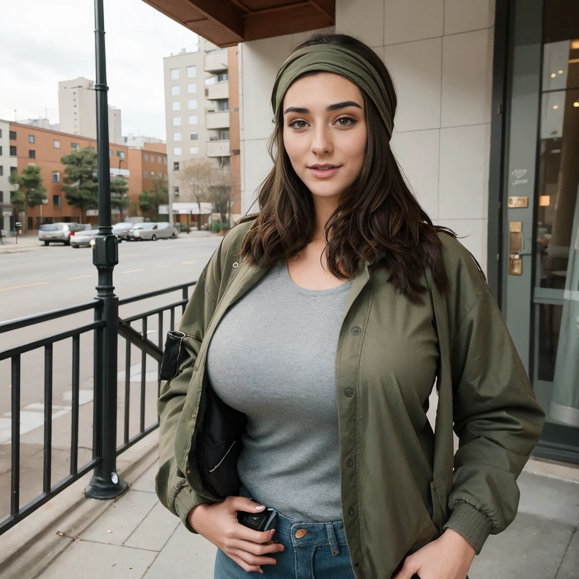 Extremely busty thin and toned brunette photographer, college girl, fair skin, loose side sweep, head scarf, hair scarf, soft face, athletic, tight olive green light jacket, skinny jeans. standing in front of her apartment building, outdoors, city, camera bag, cleavage