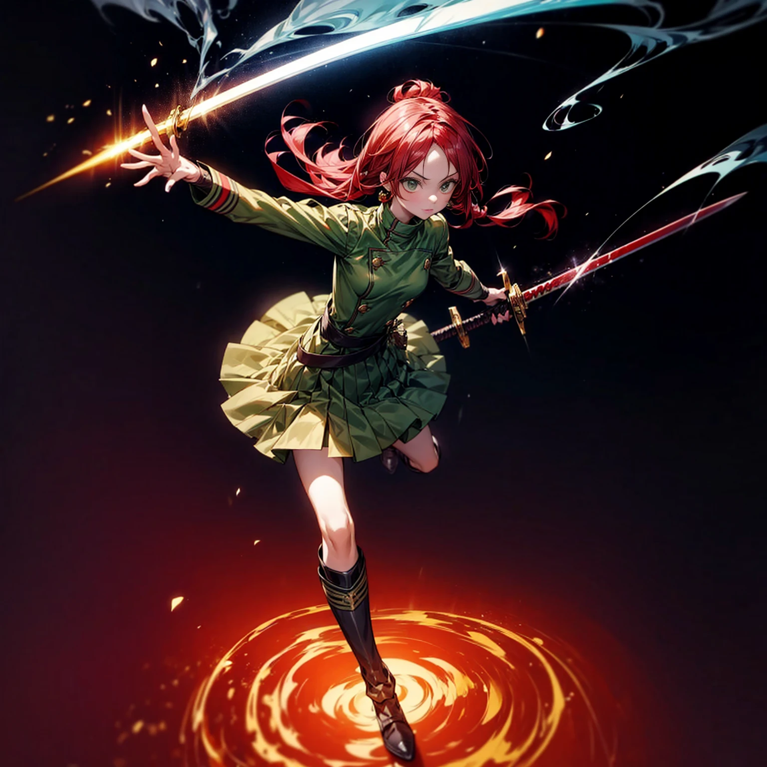 1girl, Full body version, 1character, character is girl, green eyes color, long hairstyle, red colour hair, soldier style clothing, Long skirt, long socks, long boots, red earrings, two gold sword in two hand, full armors in body, full background, Grassroots, background in town, motion blur, shadow, standing gesture, sword emits a black aura, smoke, blue fire, lighting sword, lighting hologram, satan, lighting blue fire 