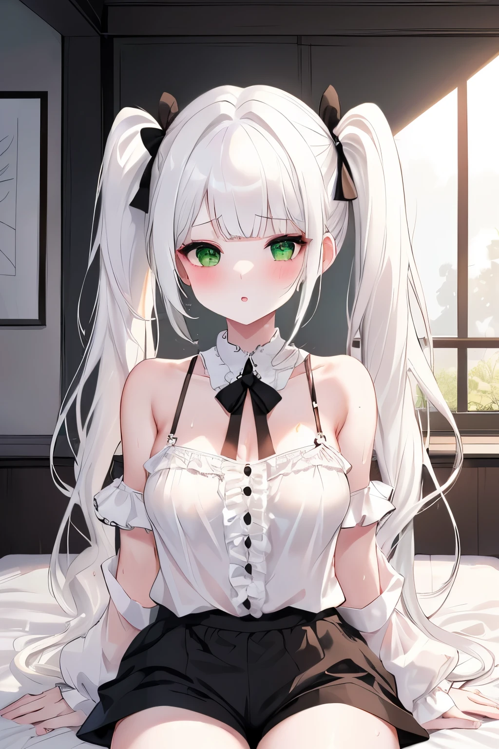 nsfw ,{{{{{implied fellatio}}}}},realistic,girl:(((white hair))),emerald green eyes,heart shaped pupils,wet hair,blunt bangs,(very long twin tails),strawberry hair ornament,trimmed with lace white babydoll,bra and panties under dress,((sweat)),(medium breasts),Boy:((white skin)),black hair,short hair,mannish hair,gray eyes,very aesthetic ,amazing quality,ai-generated ,photo realistic,best quality, amazing quality, very aesthetic,{{{{{2boys}}}}},1girl,from behind ,sitting {{{{male body}}}} ,shirt ,suits ,sitting bed ,bedroom ,squatting floor ,camisole ,dolphin shorts ,dolphin shorts ,{{{{{implied fellatio}}}}},