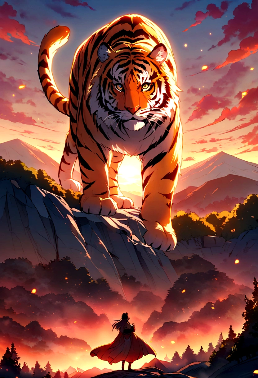 In this scenario,A majestic tiger and monkey stands on the top of a magnificent mountain。The background is the sun slowly setting,The light shines on the entire landscape,Create warm and spectacular sunset views。The tiger's and monkey mane flutters gently in the breeze,Its gaze is firm and confident。This image shows the beauty and power of wild animals in their natural ecology,At the same time, the grandeur and magnificence of nature is emphasized。It is an image that makes you marvel and feel the beauty of nature,The stunning view of the tigers at sunset moments on the top of the mountain perfectly captures。