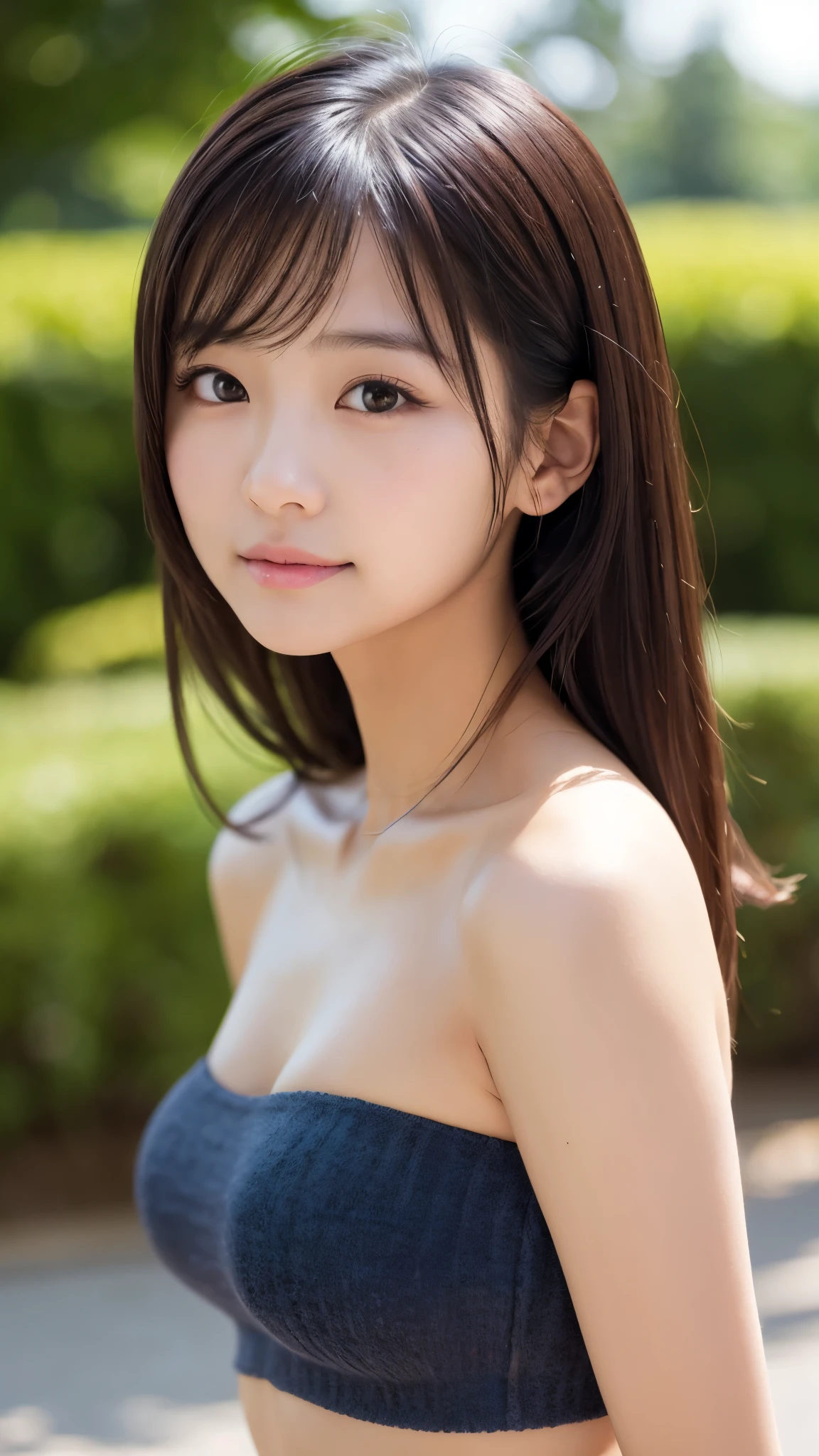 Close-up of a woman taking a photo、The most beautiful Japanese models、(8--old ale model:1.5)、(young、Round face、Kind Face:1.25)、Droopy eyes、double eyelid、bangs、Black Hair、short hair、Straight hair、No makeup、(Knitted Products、Tube top:1.5)、(Super cute idol face:1.4)、(Slim Beauty、Small shoulders、Thin arms、Thin Belly)、(belly button、おbelly button)、Waistline、sexy、Beautiful breasts、Shining Breasts、Cleavage、Laughter、Upper Body、Upper Bodyフォーカス、Face Focus、Looking into the camera、hot gaze、(RAW Photos、Highest quality、masterpiece、Ultra-high resolution、Ultra-high resolution、8K、Genuine)、field、good weather、Daytime、nature、