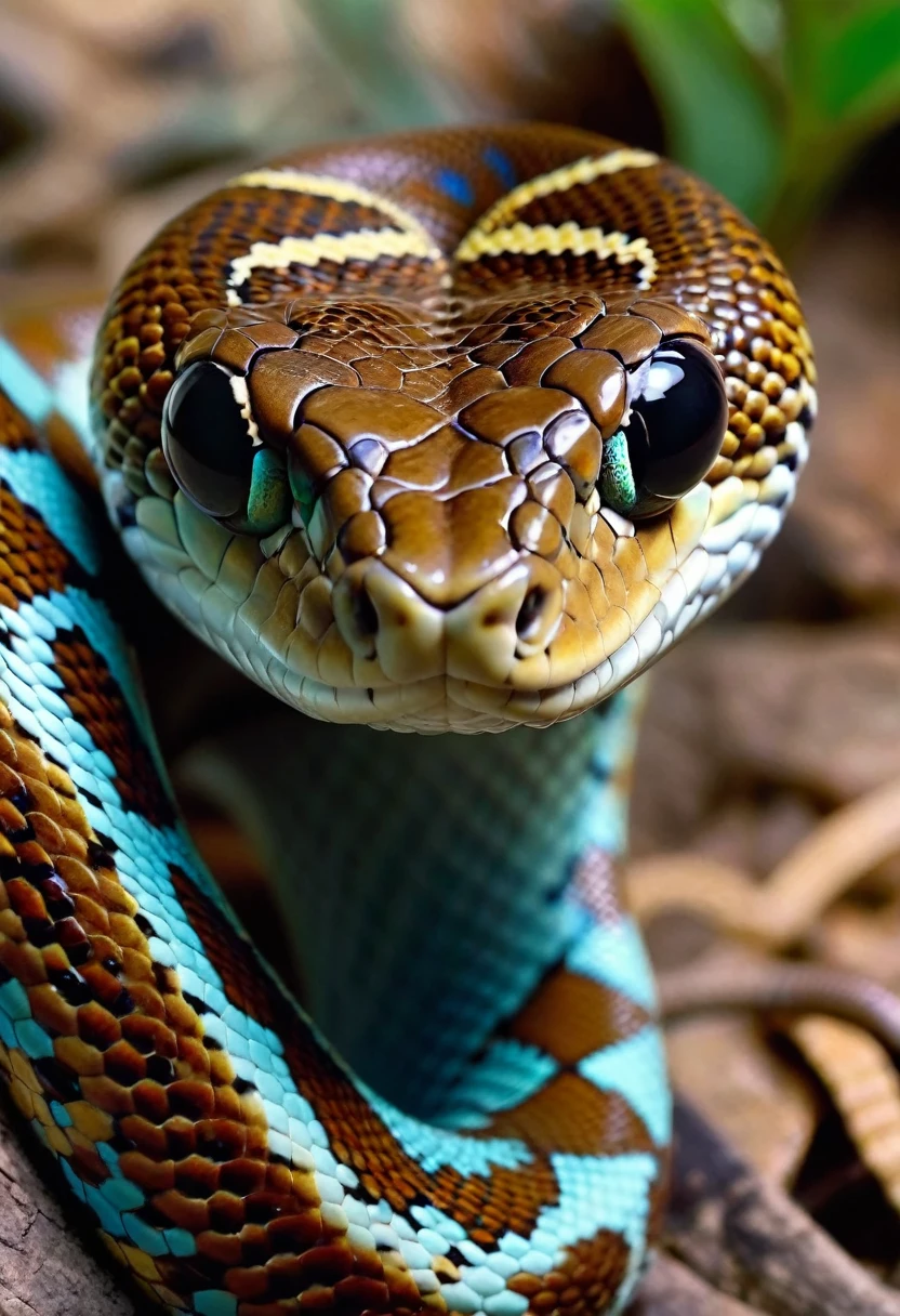 a close up of a cobra with a blue and brown stripe on its face, mixed with cobra, highly detailed cobras, closeup 4k, retrato em close, cobra head, cobra body, with the head of a cobra, cobras, cobra mouth, cobra, cobra is surrounding them, forked cobra tongue sticking out, bela aparência, cara de réptil, python