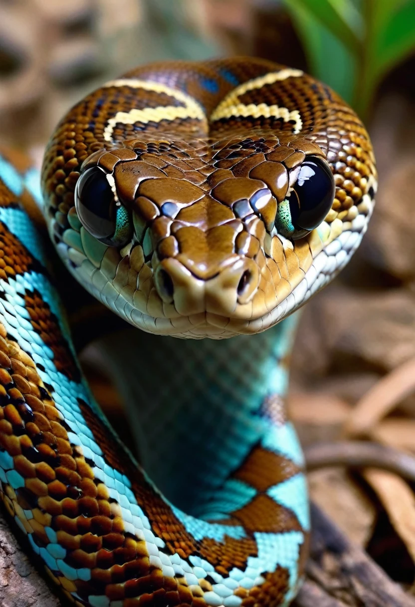 a close up of a cobra with a blue and brown stripe on its face, mixed with cobra, highly detailed cobras, closeup 4k, retrato em close, cobra head, cobra body, with the head of a cobra, cobras, cobra mouth, cobra, cobra is surrounding them, forked cobra tongue sticking out, bela aparência, cara de réptil, python