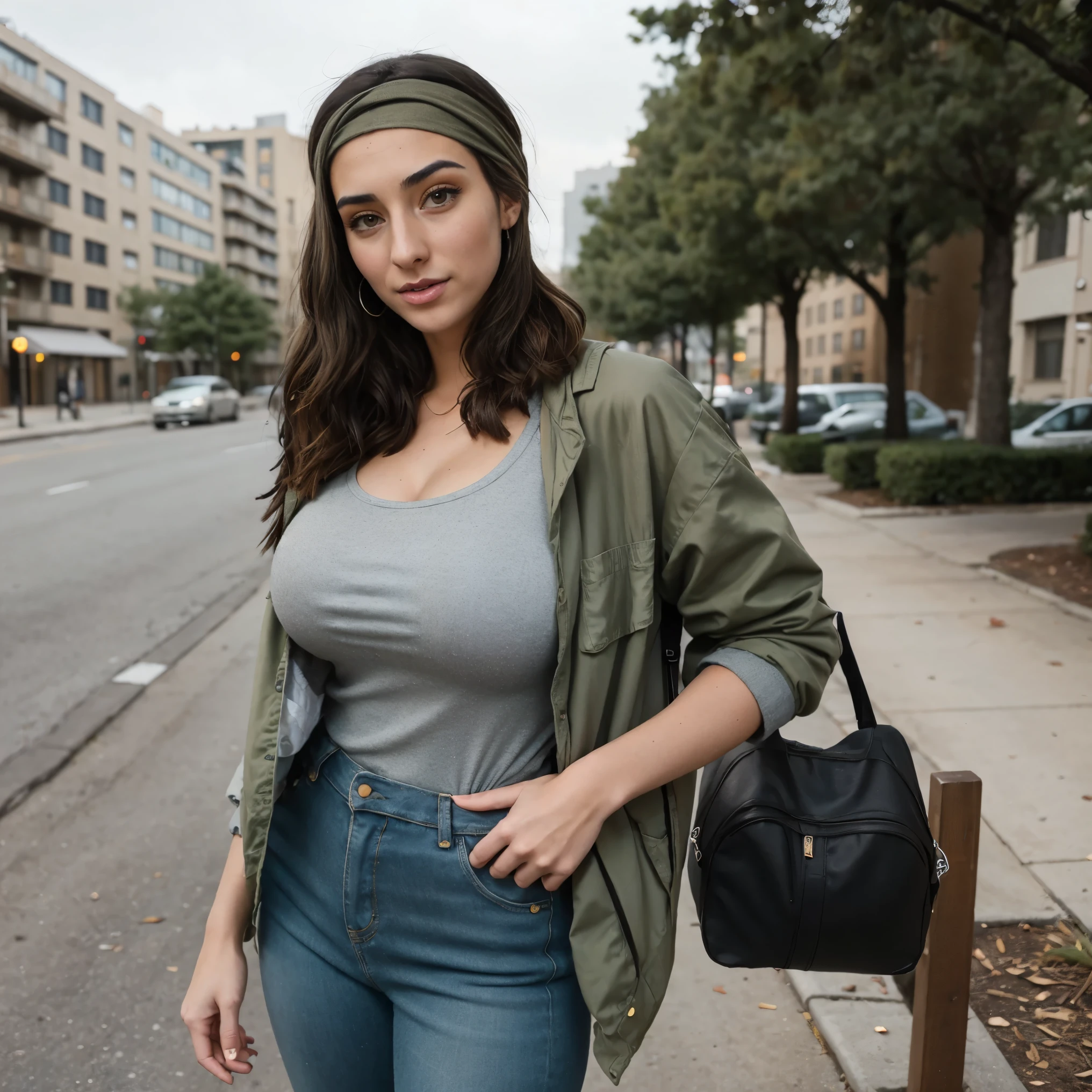 Extremely busty thin and toned brunette photographer, college girl, fair skin, loose side sweep, soft face, athletic, bandana headwrap, tight olive green casual windbreaker, skinny jeans. standing in front of her apartment building, outdoors, city, camera bag, shoulder strap