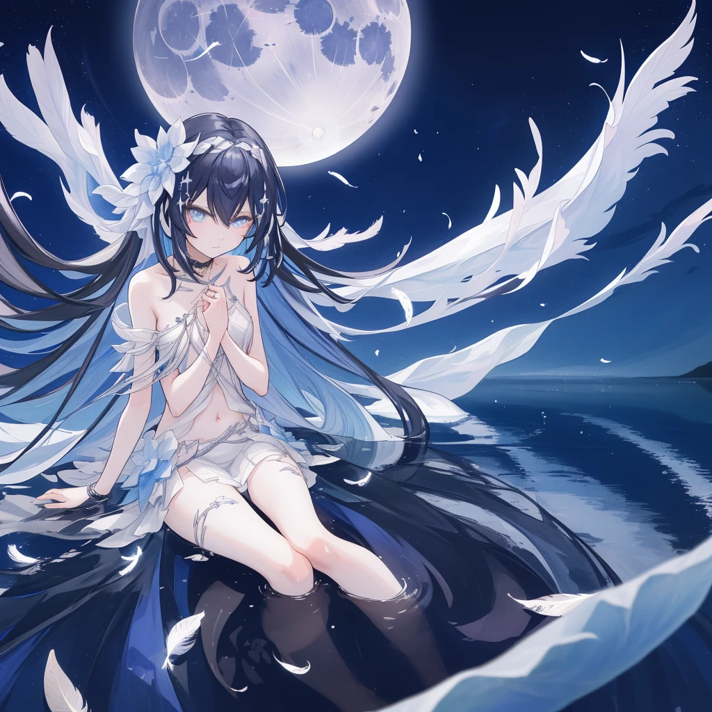 ((A long shot)) of a black-haired anime teen girl, (sitting near a river), ((strong moonlight)), cinematic light, slim body, skin is perfectly healthy, soft, and smooth, Extremely delicate and beautiful CG illustration, best quality, high resolution, dynamic angle, full-length lens, (1 girl), floating, (soft light, high-key lighting), glowing light, blue halo, feathers fluttering background, blue crystal, ((very cinematic)), ((half naked))