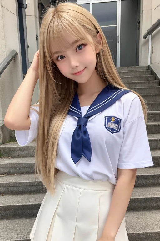 Her windblown blonde hair obscures her pretty face..、Bangs that flow between the eyes、Sexy big 、16 year old cute little smile、Shiny, bright, straight, super long blonde hair、Cute and beautiful long, smooth bangs covering the area between the eyes、Long, straight, silky hair、sexy and cute beautiful young girl、clear, white and Shiny skin、Shiny skin、Beautiful Face、Beautiful brown eyes that shine so brightly、Very big eyes、Small Face Beauty、Perfect beauty、(Full body 3:1)、(high school girl)、Climbing the stairs at school、Shot from below、uniform、Sailor suit、Short skirt、The pants are a little visible、Sexy pose、gravure、 information