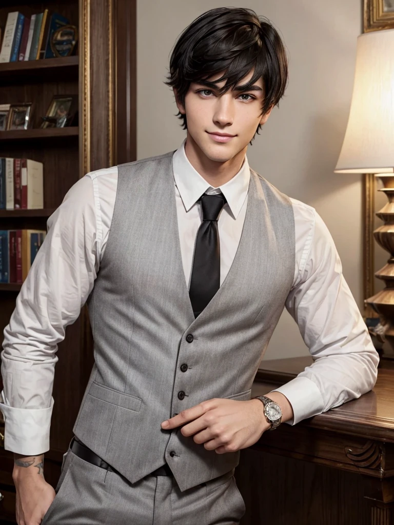(best quality), 1boy, male, 24 years old, young man, white skin, black hair, short hair, short messy bangs, grey eyes, perfect eyes, handsome, smirk, smug, vest, strong jawline, tall, rich, masterpiece, anatomically correct, highres
