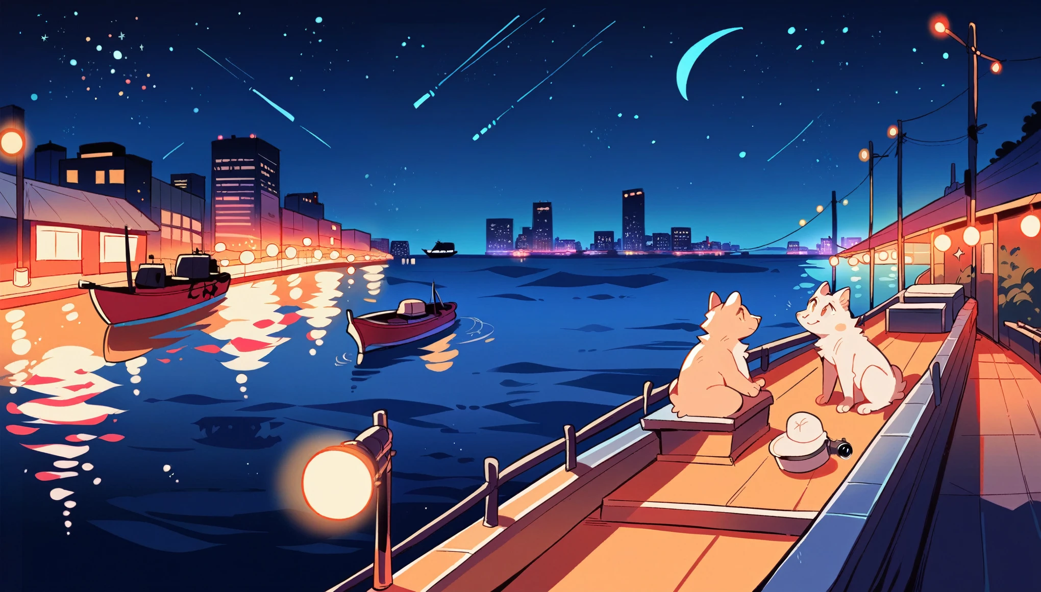 City night view with boats and stars over the water, Boat with ramp, Camera Obscura, Photo taken at night, at night, UFOs are over the city, By Joseph Dande, Filmed at night, Comes with a light that glows at night, at nightの前景, The background is dark and stars are visible, With lights at night, Olafur Eliasson