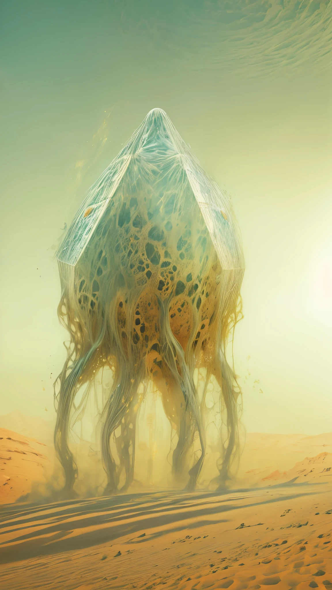 a gigantic transparent crystal creature on four legs, walking through a desert, mystic and simple design, no face, no nose, no mouth, no eyes, dynamic point of view, rising sand effects, (best quality,4k,8k,highres,masterpiece:1.2),ultra-detailed,(realistic,photorealistic,photo-realistic:1.37),detailed desert landscape, warm lighting, vibrant colors