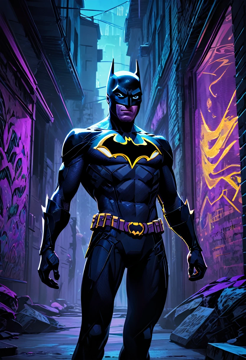 (Masterpiece artwork, 8K, uhd, high resolution: 1.4), stylized portrait of Batman not in Spider-Verse style, (black costume with neon blue and purple details: 1.3), (mask with glowing white eyes: 1.2), (floating cover with light effects: 1.3), (Dynamic and heroic pose: 1.2), (background with Gotham city in graphic and vibrant style: 1.1), (comic and graffiti elements around: 1.2), (dark and electrifying atmosphere: 1.3), Intricate, stylized details, (fantasy and action elements: 1.2), (dynamic and immersive perspective: 1.3)