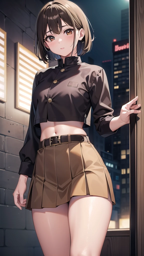 nobarakugisaki, nobara kugisaki, bob cut, (brown eyes:1.7), brown hair, lips, short hair,
BREAK belt, brown belt, brown pantyhose, crop top, crop top overhang, jujutsu tech uniform, pantyhose, pleated skirt, shirt tucked in, skirt, blue skirt, blue crop top,
BREAK looking at viewer,
BREAK indoors, street,night,wet road,festival,
BREAK (masterpiece:1.2), best quality, high resolution, unity 8k wallpaper, (illustration:0.8), (beautiful detailed eyes:1.6), extremely detailed face, perfect lighting, extremely detailed CG, (perfect hands, perfect anatomy),