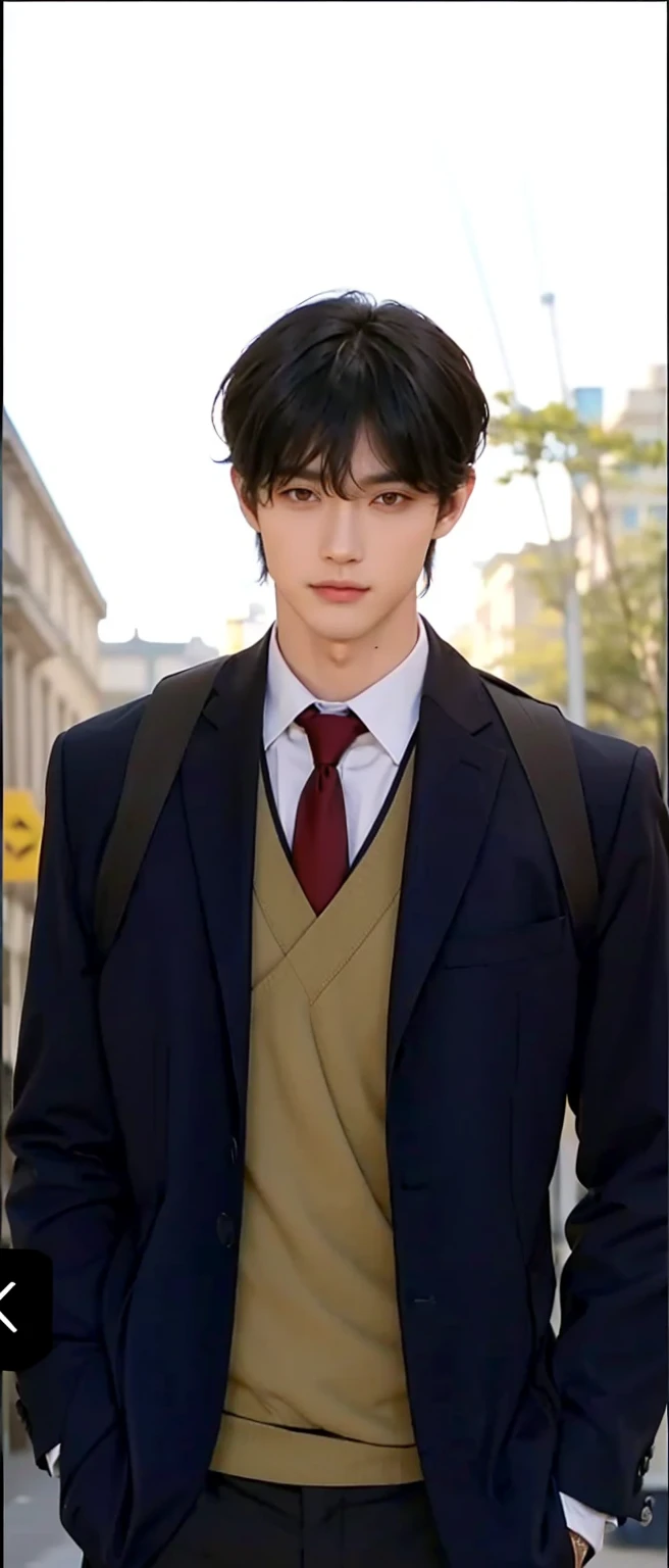 Handsome boy, black hair, brown eyes, (wearing dark blue formal with dark yellow and white inside), with red necktie, wearing black backpack