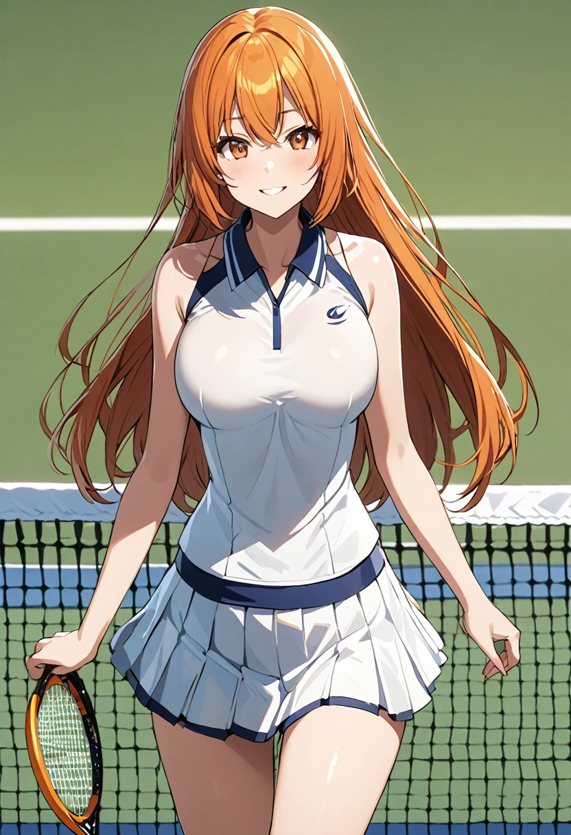 1 girl, (solo:1.2), tall girl, long orange hair, straight hair ,orange eyes, (high school ), (17 yearl Breasts), High Height,masterpiece, high resolution, shiny, full body, beautiful,A cute smile that makes the viewer happy, highly detailed beautiful face and eyes,(tennis uniform:1.2), in the tenniscort,  (zettai ryouiki), (cowboy shot),