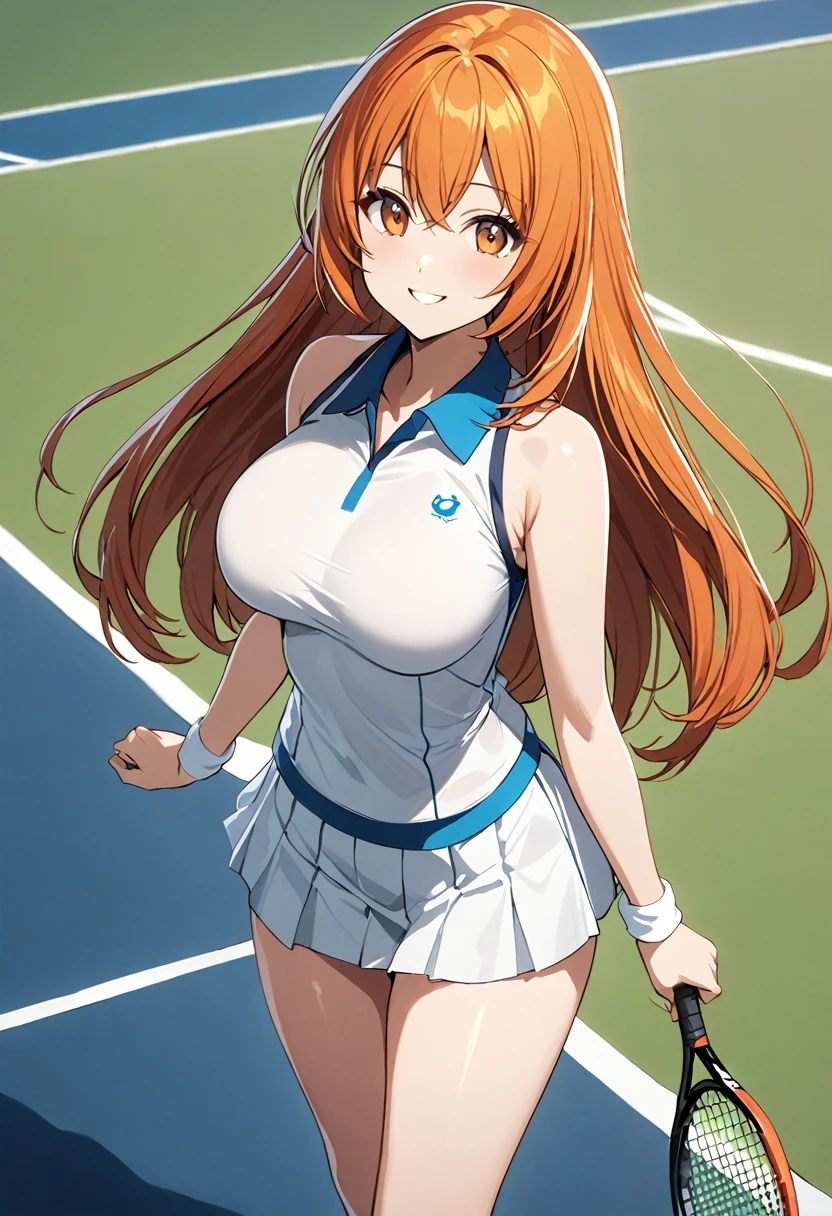 1 girl, (solo:1.2), tall girl, long orange hair, straight hair ,orange eyes, (high school student), (************), (Full Breasts), High Height,masterpiece, high resolution, shiny, full body, beautiful,A cute smile that makes the viewer happy, highly detailed beautiful face and eyes,(tennis uniform:1.2), in the tenniscort,  (zettai ryouiki), (cowboy shot),