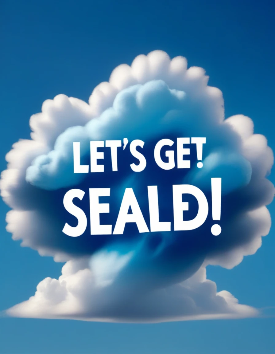 Blue wide cloud with text written on it "Let's get sealed!"