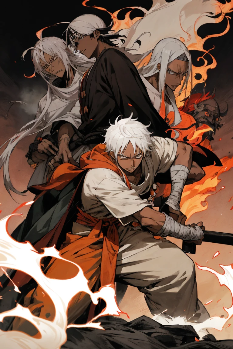 OnePiece anime style character art by eiichiro oda. lunarian he has the most notable features from them being they grey silver hair, dark skin, plume of fire in the middle of his back. He sports baggy tribal tucked into his black medical metal leg guards stopping just under the knee’s with his hands wrapped in bandages. He has flame like hair flowing towards the back