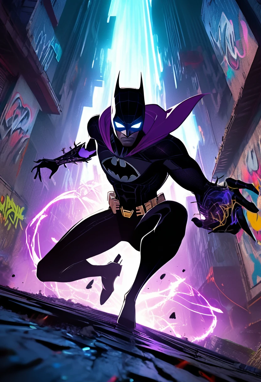 (Masterpiece artwork, 8K, uhd, high resolution: 1.4), stylized portrait of Batman not in Spider-Verse style, (black costume with neon blue and purple details: 1.3), (mask with glowing white eyes: 1.2), (floating cover with light effects: 1.3), (Dynamic and heroic pose: 1.2), (background with Gotham city in graphic and vibrant style: 1.1), (comic and graffiti elements around: 1.2), (dark and electrifying atmosphere: 1.3), Intricate, stylized details, (fantasy and action elements: 1.2), (dynamic and immersive perspective: 1.3)