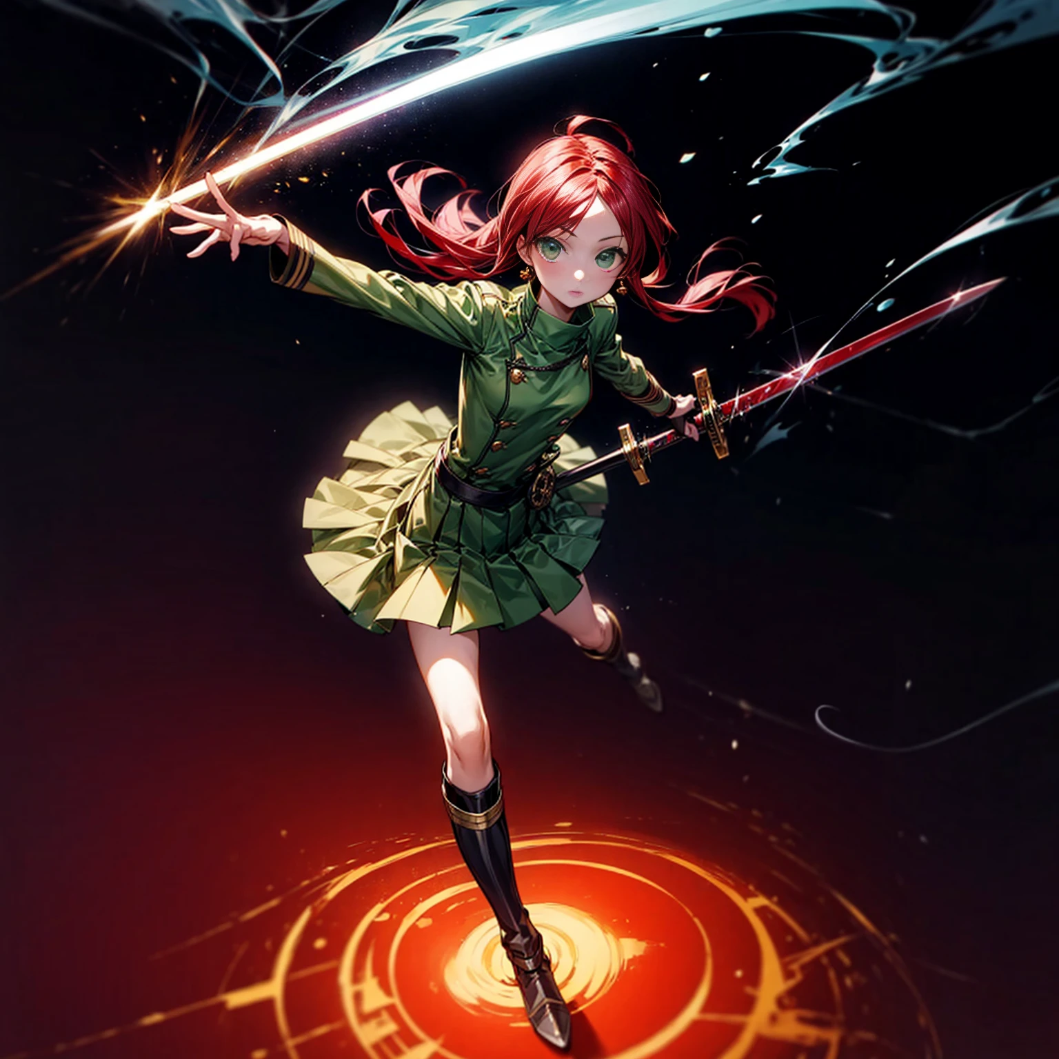 1girl, Full body version, 1character, character is girl, green eyes color, long hairstyle, red colour hair, soldier style clothing, Long skirt, long socks, long boots, red earrings, two gold sword in two hand, full armors in body, full background, Grassroots, background in town, motion blur, shadow, standing gesture, sword emits a black aura, smoke, blue fire, lighting sword, lighting hologram, satan, lighting blue fire