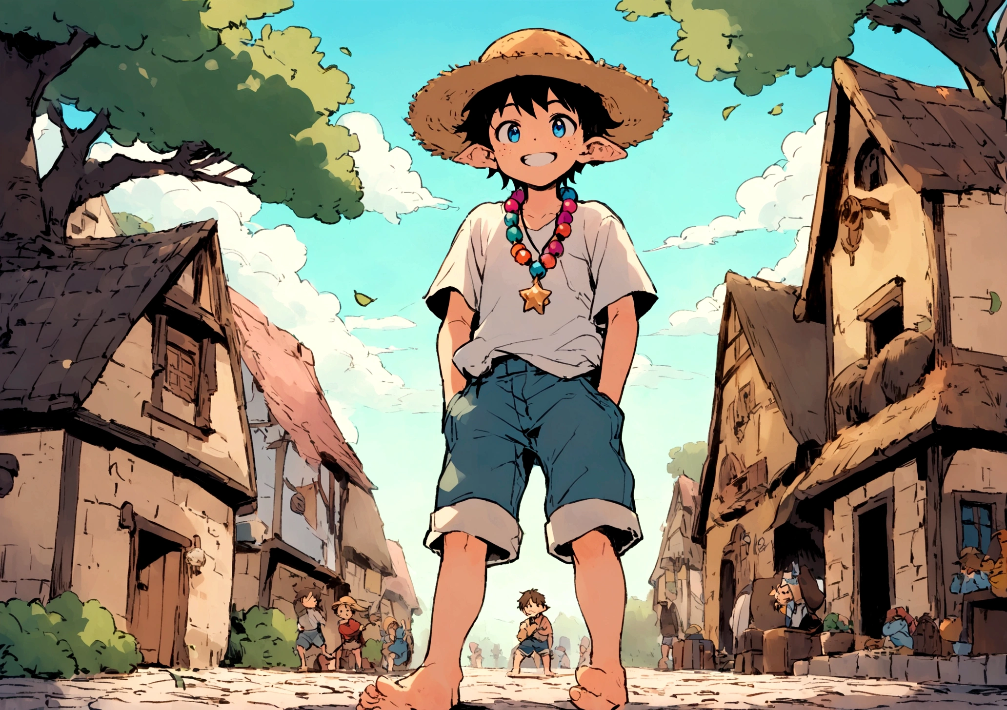 Jimmy is a young boy of about ten years old, with a mop of unruly chestnut hair that sticks out from beneath a worn straw hat. His freckled face bears a perpetual expression of curiosity, his bright blue eyes wide with wonder as he takes in the bustling sights of the village. He wears a patched-up shirt, slightly too big for him, tucked into faded denim shorts that are frayed at the edges from countless adventures. Around his neck hangs a homemade necklace strung with colorful beads and a small pendant shaped like a star.Standing barefoot on the dusty cobblestone path, Jimmy's feet are caked with dirt, evidence of his endless exploration of the village's nooks and crannies. His small hands are tucked into the pockets of his shorts, fingers occasionally fidgeting with a smooth pebble or acorn he has collected along the way. Despite his scruffy appearance, there's an infectious energy about him, a boundless enthusiasm that draws the attention of villagers as he passes by.From his vantage point, Jimmy gazes up at the tall oak trees that sway gently in the breeze, their leaves whispering secrets of the ancient times. His ears perk up at the sound of children's laughter nearby, and he instinctively turns his head to see a group of kids playing with a ball in the village square. Jimmy's mouth curls into a mischievous grin, itching to join in their game and add his own flair to the fun in colorful style.