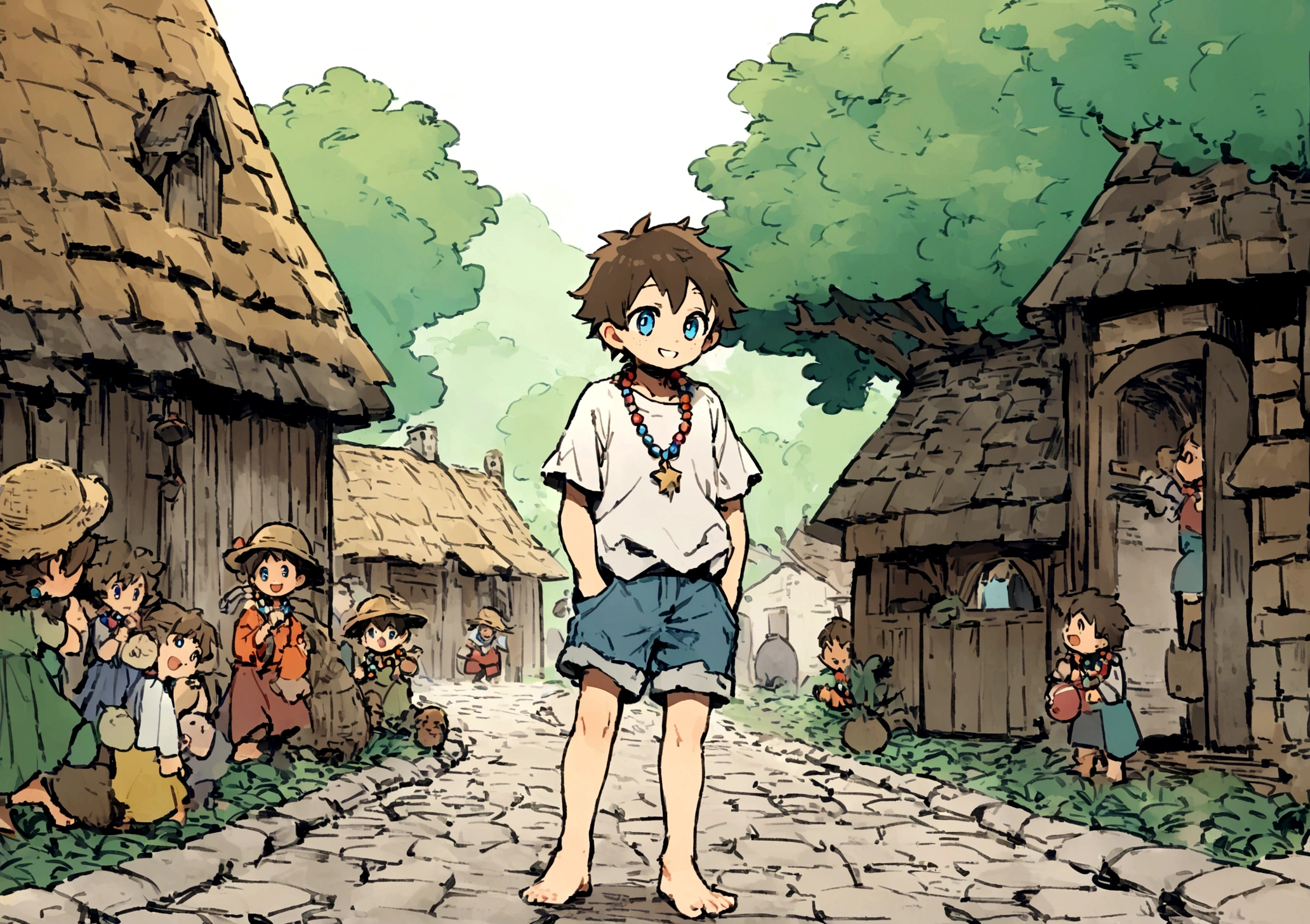 Jimmy is a young boy of about ten years old, with a mop of unruly chestnut hair that sticks out from beneath a worn straw hat. His freckled face bears a perpetual expression of curiosity, his bright blue eyes wide with wonder as he takes in the bustling sights of the village. He wears a patched-up shirt, slightly too big for him, tucked into faded denim shorts that are frayed at the edges from countless adventures. Around his neck hangs a homemade necklace strung with colorful beads and a small pendant shaped like a star.Standing barefoot on the dusty cobblestone path, Jimmy's feet are caked with dirt, evidence of his endless exploration of the village's nooks and crannies. His small hands are tucked into the pockets of his shorts, fingers occasionally fidgeting with a smooth pebble or acorn he has collected along the way. Despite his scruffy appearance, there's an infectious energy about him, a boundless enthusiasm that draws the attention of villagers as he passes by.From his vantage point, Jimmy gazes up at the tall oak trees that sway gently in the breeze, their leaves whispering secrets of the ancient times. His ears perk up at the sound of children's laughter nearby, and he instinctively turns his head to see a group of kids playing with a ball in the village square. Jimmy's mouth curls into a mischievous grin, itching to join in their game and add his own flair to the fun in colorful style.