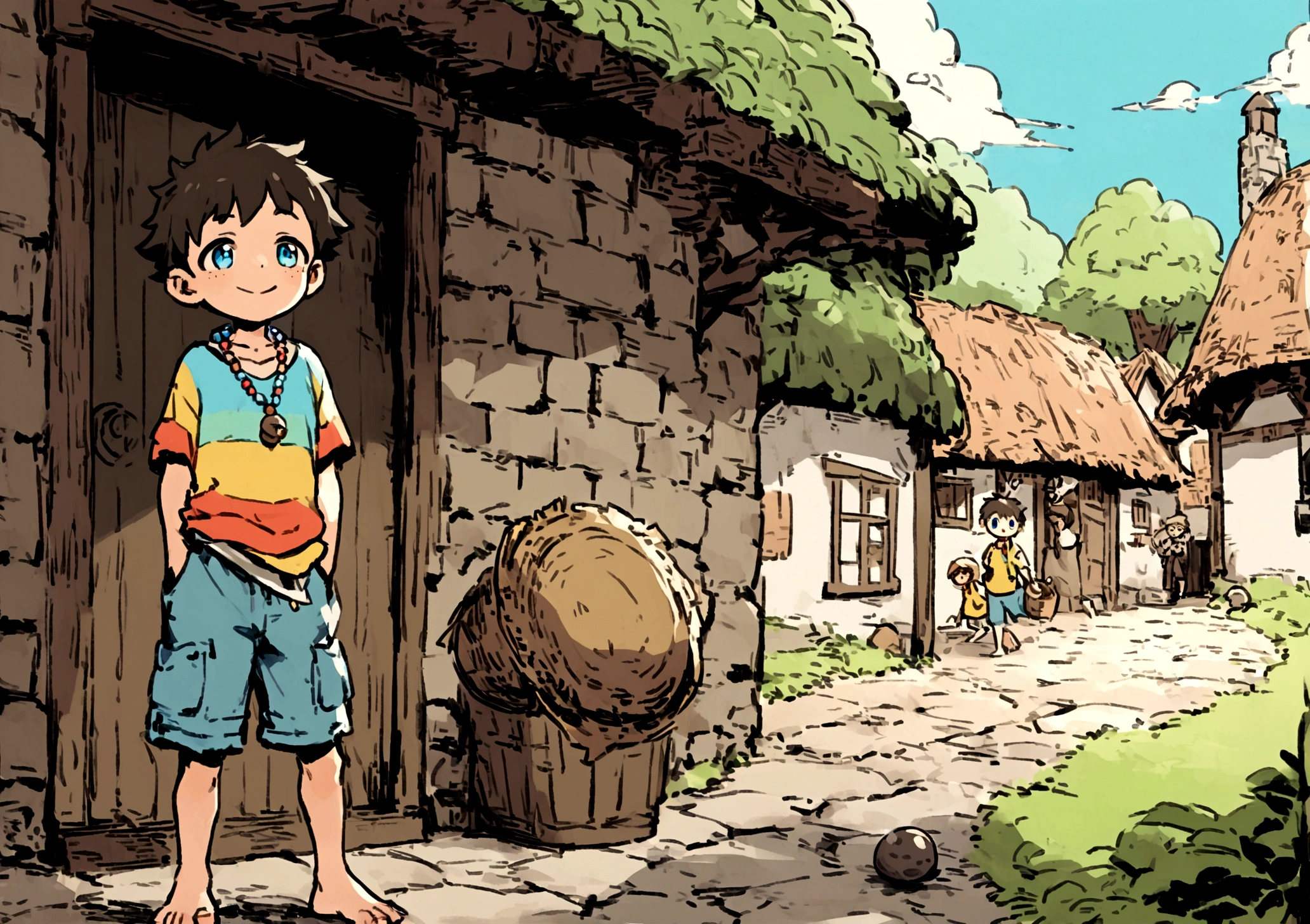 Jimmy is a young boy of about ten years old, with a mop of unruly chestnut hair that sticks out from beneath a worn straw hat. His freckled face bears a perpetual expression of curiosity, his bright blue eyes wide with wonder as he takes in the bustling sights of the village. He wears a patched-up shirt, slightly too big for him, tucked into faded denim shorts that are frayed at the edges from countless adventures. Around his neck hangs a homemade necklace strung with colorful beads and a small pendant shaped like a star.Standing barefoot on the dusty cobblestone path, Jimmy's feet are caked with dirt, evidence of his endless exploration of the village's nooks and crannies. His small hands are tucked into the pockets of his shorts, fingers occasionally fidgeting with a smooth pebble or acorn he has collected along the way. Despite his scruffy appearance, there's an infectious energy about him, a boundless enthusiasm that draws the attention of villagers as he passes by.From his vantage point, Jimmy gazes up at the tall oak trees that sway gently in the breeze, their leaves whispering secrets of the ancient times. His ears perk up at the sound of children's laughter nearby, and he instinctively turns his head to see a group of kids playing with a ball in the village square. Jimmy's mouth curls into a mischievous grin, itching to join in their game and add his own flair to the fun in colorful style.