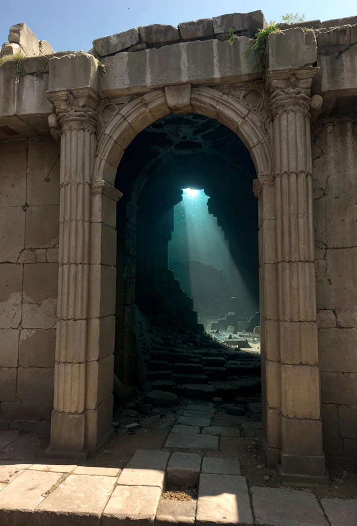 title：Description of the Immortal Ruins on the Sunken Ancient Continent： In the depths of the vast oceancient continent has been buried deep in time，Only its mysterious ruins remain。These ruins are said to be where immortals once lived.，Full of mysterious and magical atmosphere。AI should exhibit the following elements：

Ruins and remains： Ancient buildings and structures，Partially submerged，Covered with coral and seaweed。

Mystical symbols and decorations： Symbols and decorations on the walls，It may be some undeciphered text or mysterious pattern.。

Marine Life： 游弋在废墟周围的Marine Life，Like schools of fish、sea turtle or coral reef。

light and shadow： Underwater light projected onto the ruins，Creates a moving light and shadow effect，Add mystery。

relistic： 散落在废墟中的relistic，Possibly jewelry or other unknown artwork。

ocean in distance： In the background，ocean in distance延伸到天际，A contrasting picture。