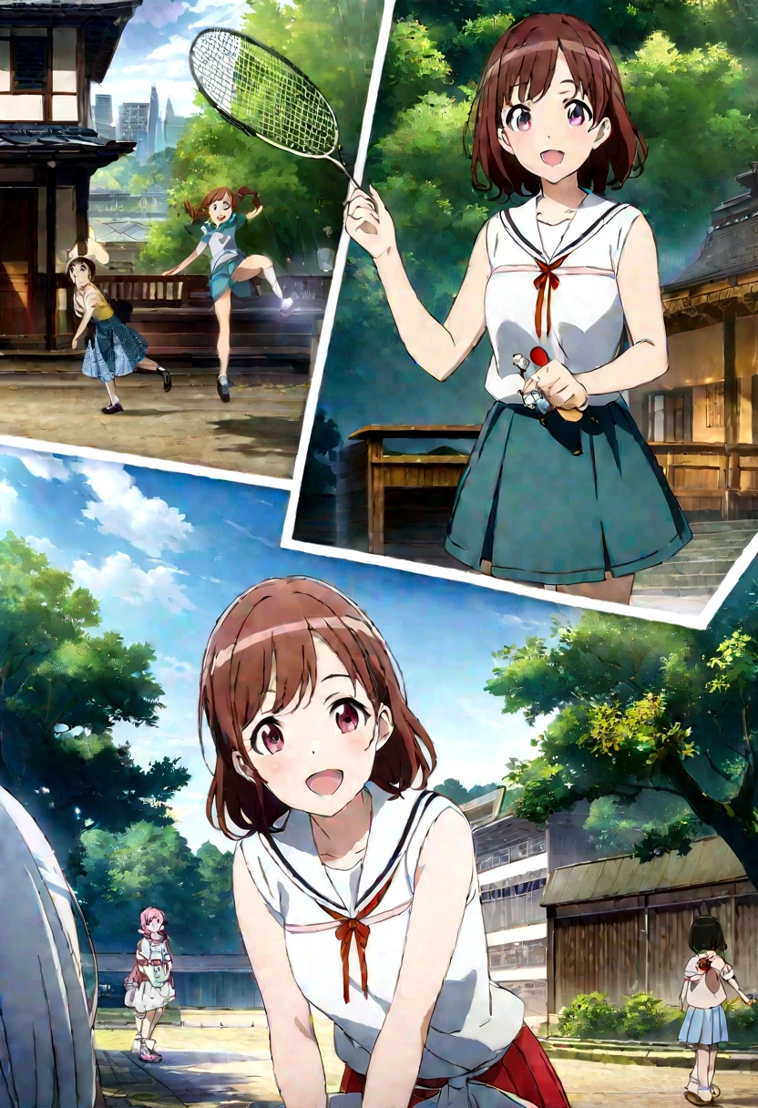 Anime girl wearing badminton playing badminton in the park，The background is a building, The Idolmaster, Official Artwork, Official Anime Artwork, high detailed Official Artwork, Official Art, Kyoto Animation key visual, Propaganda Art, Holographic Live Broadcast, Official Artwork hdr, Kyoto Animation, Anime Key Visual Concept Art, Complete art, Headquarters Artwork, mana in the air, Official illustrations