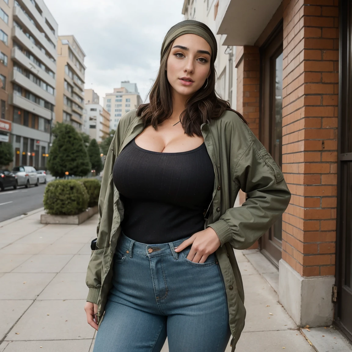 Extremely busty thin and toned brunette photographer, college girl, fair skin, loose side sweep, soft face, athletic, bandana babushka headwrap, tight olive green casual windbreaker, skinny jeans. standing in front of her apartment building, outdoors, city, camera bag, cleavage