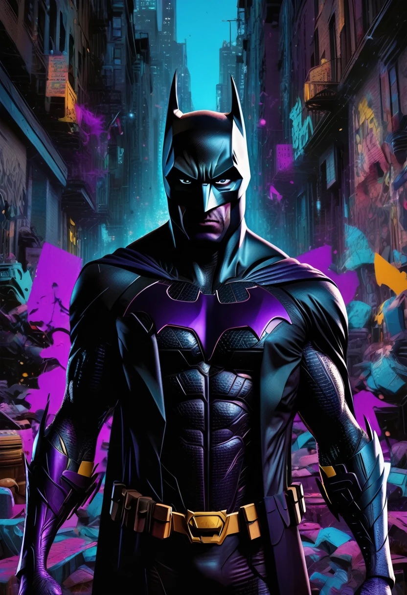 (Masterpiece artwork, 8K, uhd, high resolution: 1.4), stylized portrait of Batman not in Spider-Verse style, (black costume with neon blue and purple details: 1.3), (mask with glowing white eyes: 1.2), (floating cover with light effects: 1.3), (Dynamic and heroic pose: 1.2), (background with Gotham city in graphic and vibrant style: 1.1), (comic and graffiti elements around: 1.2), (dark and electrifying atmosphere: 1.3), Intricate, stylized details, (fantasy and action elements: 1.2), (dynamic and immersive perspective: 1.3)