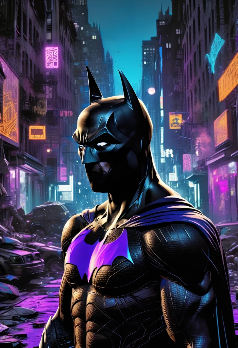 (Masterpiece artwork, 8K, uhd, high resolution: 1.4), stylized portrait of Batman not in Spider-Verse style, (black costume with neon blue and purple details: 1.3), (mask with glowing white eyes: 1.2), (floating cover with light effects: 1.3), (Dynamic and heroic pose: 1.2), (background with Gotham city in graphic and vibrant style: 1.1), (comic and graffiti elements around: 1.2), (dark and electrifying atmosphere: 1.3), Intricate, stylized details, (fantasy and action elements: 1.2), (dynamic and immersive perspective: 1.3)