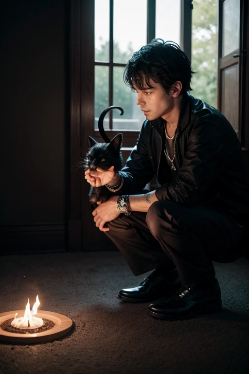 A man with his black pet, doing a satanic ritual