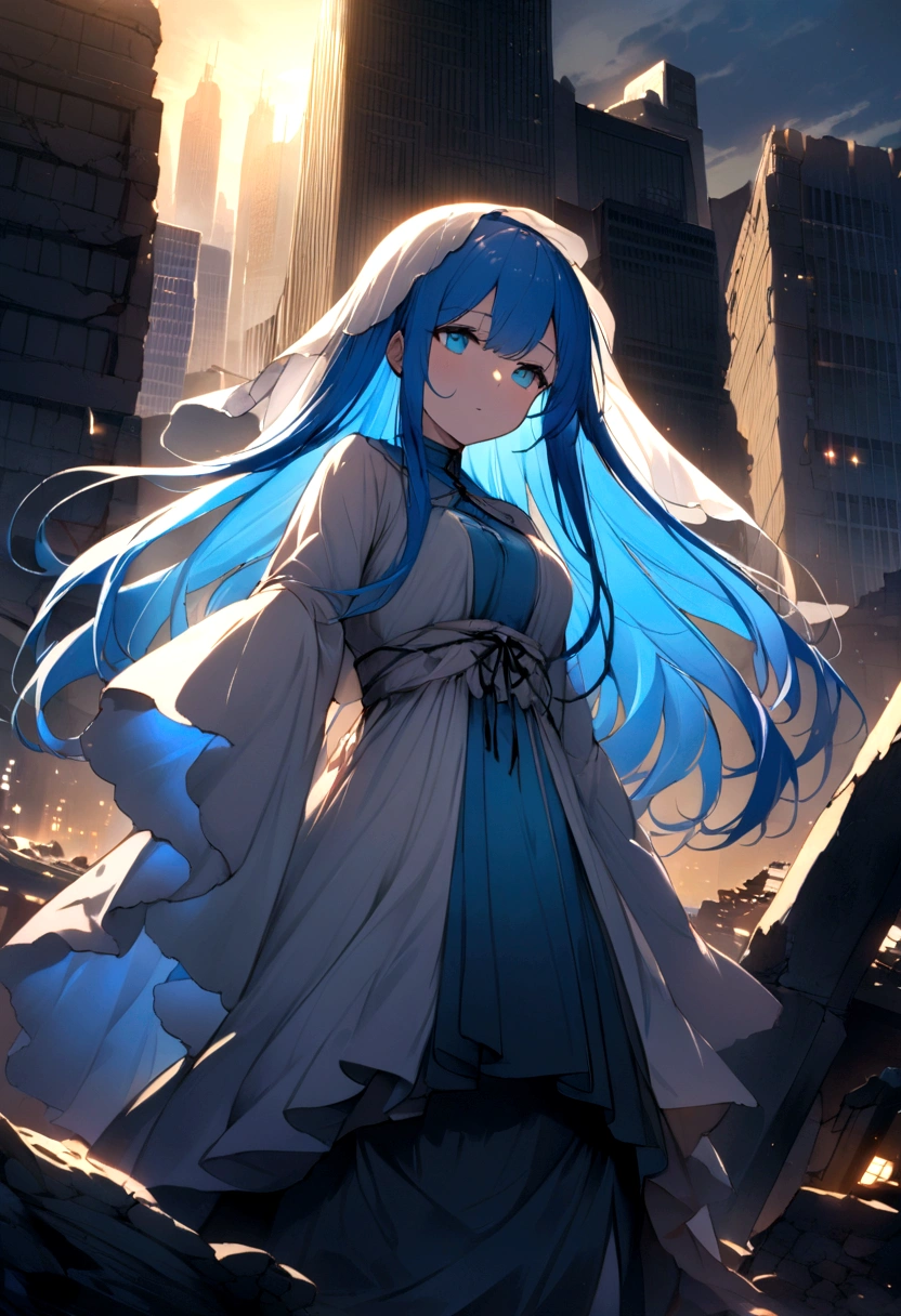 Blue Hair、long hair、、Sister clothes、Wimple、Veil、Highest quality、4K、Beautiful light source、City of night、ruins、skyscraper、Emitting light source