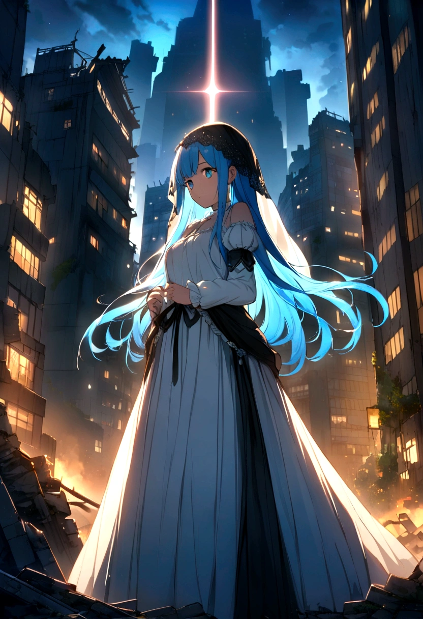 Blue Hair、long hair、、Sister clothes、Wimple、Veil、Highest quality、4K、Beautiful light source、City of night、ruins、skyscraper、Emitting light source