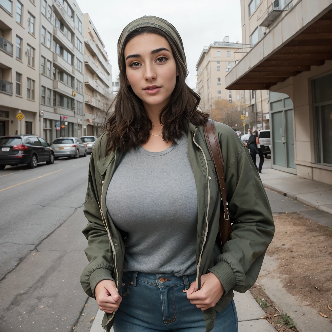 Extremely busty thin and toned brunette photographer, college girl, fair skin, loose side sweep, soft face, athletic, bandana babushka headwrap, tight olive green casual windbreaker, skinny jeans. standing in front of her apartment building, outdoors, city, camera bag, cleavage 