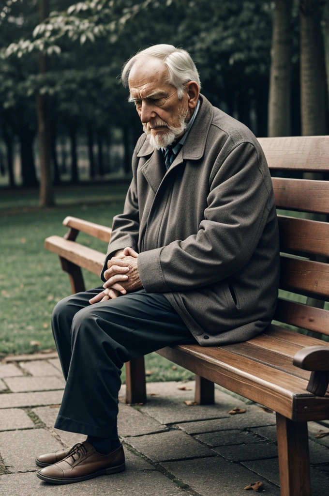Animation of a sad old man near a wooden bench on a gray day 