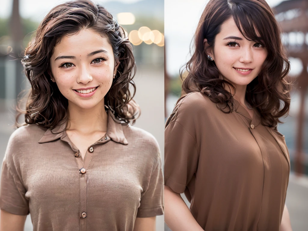 1girl, (casual shirt:1.8),(RAW photo, best quality:1.4), (realistic, photo-realistic:1.4), masterpiece, an extremely delicate and beautiful, extremely detailed, 2k wallpaper, Amazing, finely detail, extremely detailed CG unity 8k wallpaper, ultra-detailed, highres, soft light, beautiful detailed girl, extremely detailed eyes and face, beautiful detailed nose, beautiful detailed eyes,cinematic lighting,(blurry,bokeh backgound:1.6),(bridge :2.0),perfect anatomy,(slender body:1.0),(close up face,focus face:1.4),(smile,Friendly, warm:2.0),(looking at viewer:1.8),(young japanese idol:1.8),(wavy brown hair:1.8), (brown eyes:1.8),(standing:1.6),