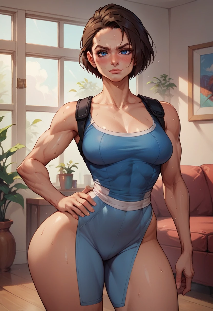  in a living room, one hand on hip, seductive smirk, medium breasts, wide hips, big ass, Jill Valentine,standing, blushing,sweating, muscular arms