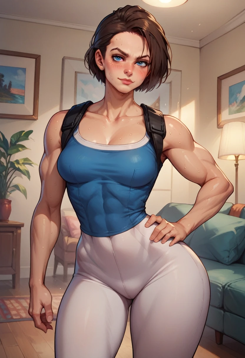 in a living room, one hand on hip, seductive smirk, medium breasts, wide hips, big ass, Jill Valentine,standing, blushing,sweating, muscular arms