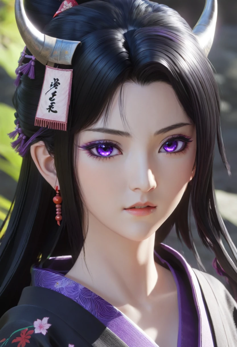 1girl, black hair, black kimono, purple eyes, shining eyes, Demonslayer, more_details:1.5, masterpiece, best quality, ultra-detailed, 16k, highest resolution, kind expression, soft gaze, calm expression
