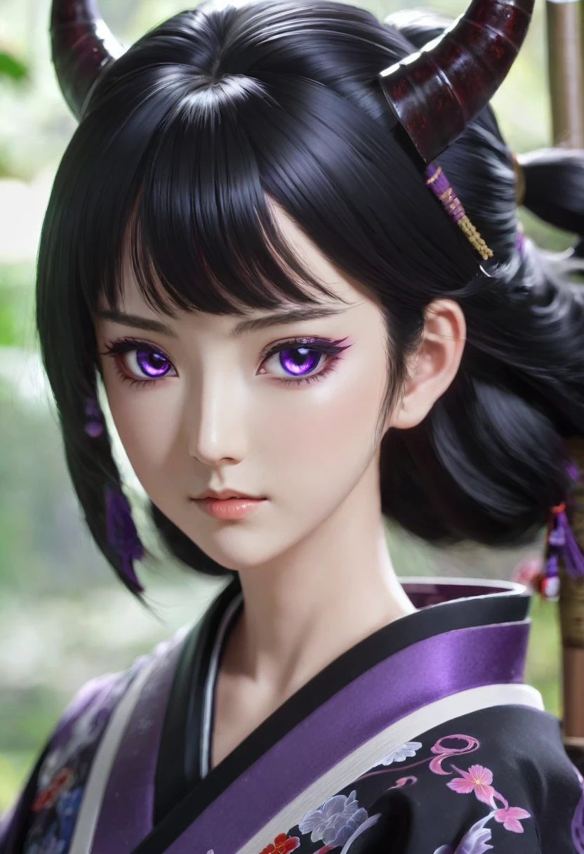 1girl, black hair, black kimono, purple eyes, shining eyes, Demonslayer, more_details:1.5, masterpiece, best quality, ultra-detailed, 16k, highest resolution, kind expression, soft gaze, calm expression