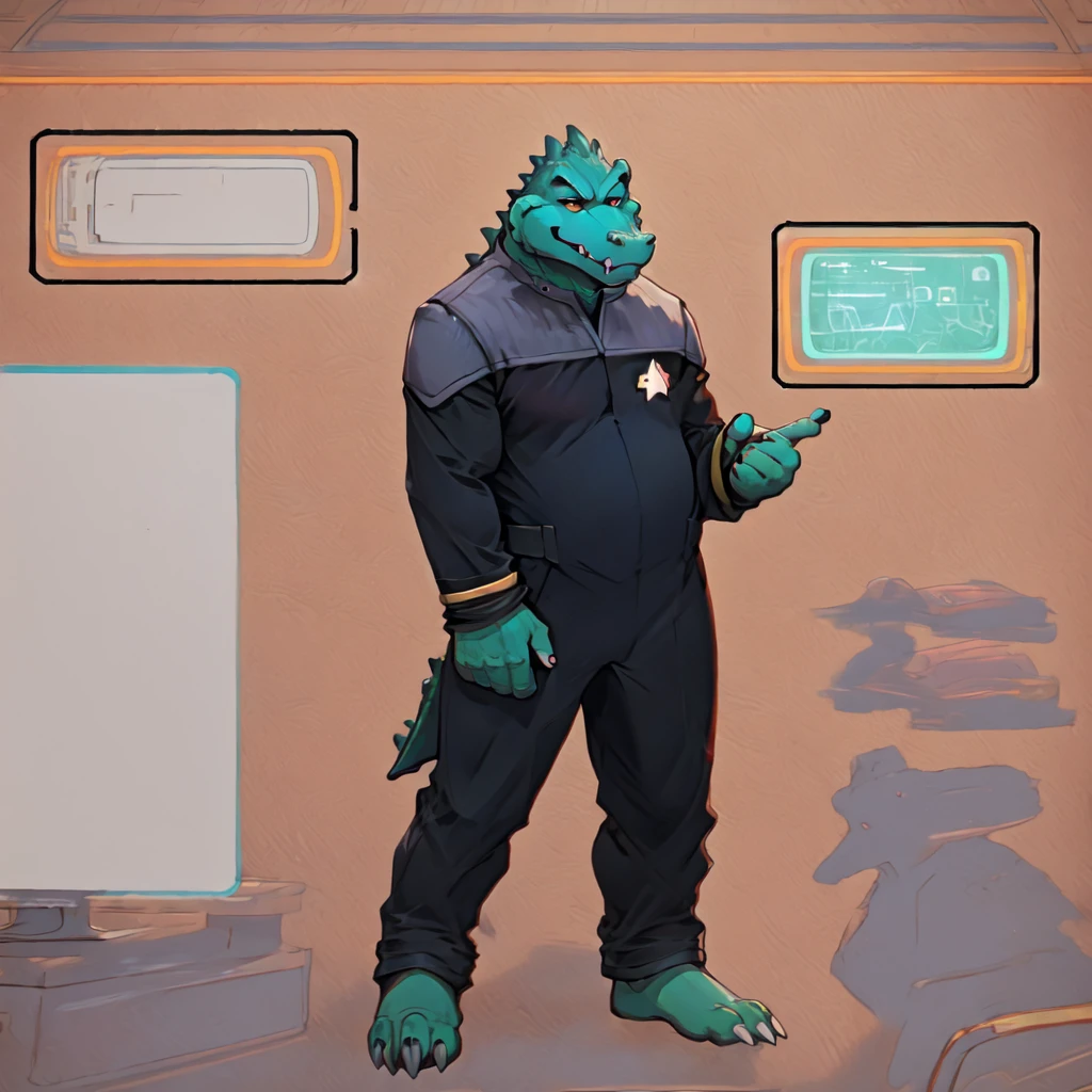 (((Barefoot scaley character, full body, cinematic setting, furry male, plantigrade))) 
Doctor (((kingkrool))), crocodile, green skin, reptile, gold bracelets, scales, bloodshot eye, fat, obese,
exudes confidence and authority, wears star trek DS9 doctor teal uniform, ((ds9st, black and grey star trek uniform, grey shoulders, teal neck, black jumpsuit, black pants)) dynamic pose, holding medical tricorder
((starship interior with many screens and consoles)), futuristic look, metalic, bright colors
BREAK, intricate details, highly detailed, extreme detail, octane render, fine art, best quality, highres, (detailed face:1.5), ((full_body)), UHD, (((perfect hands))), ((low light:1.5))