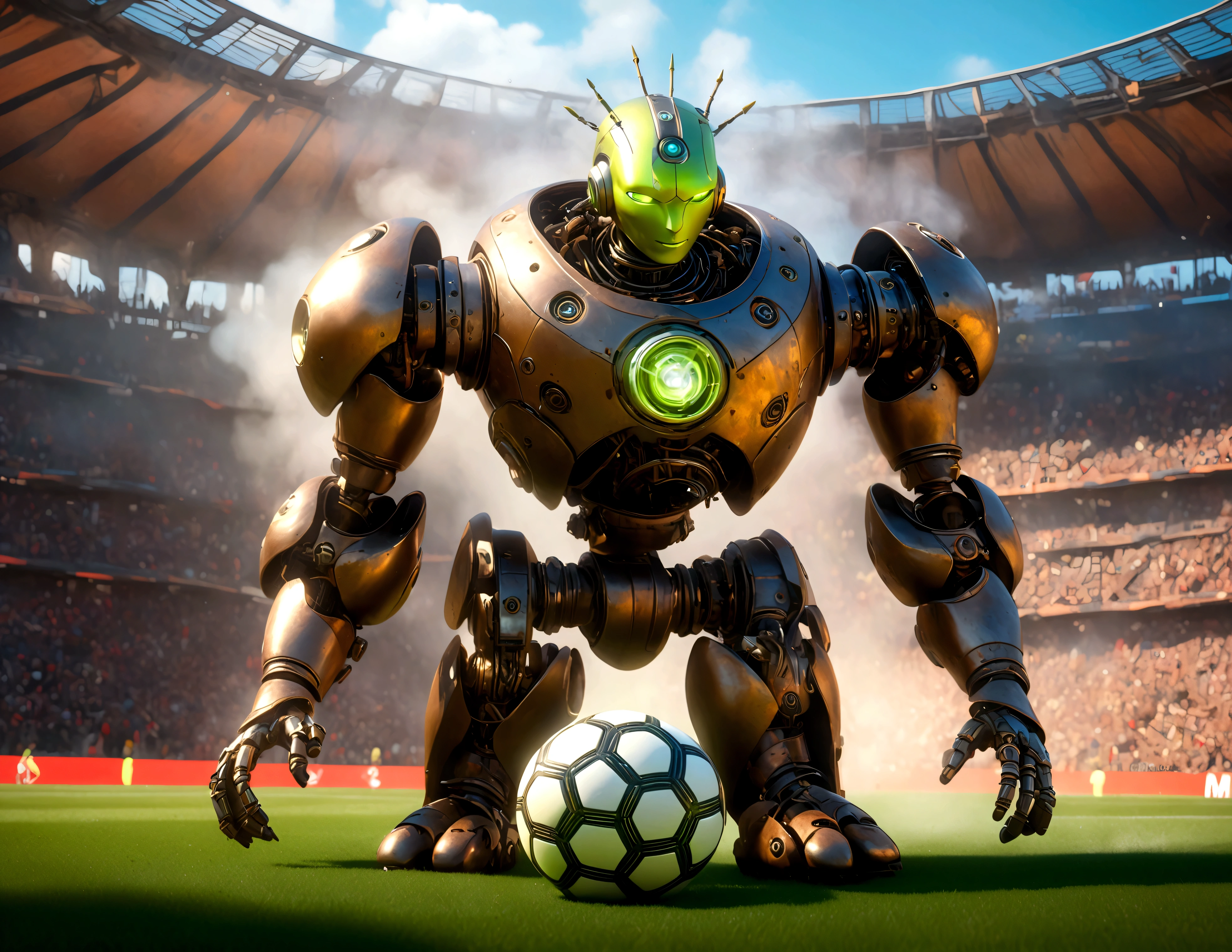 A dapper, mechanical android soccer team, steam vents, lit eyes, playing in a well-lit, packed stadium, teams with different color schemes, only one soccer ball on the field (best quality, 8k, highres, masterpiece:1.2), ultra-detailed, (realistic, photorealistic, photo-realistic:1.37), steam punk, concept art
