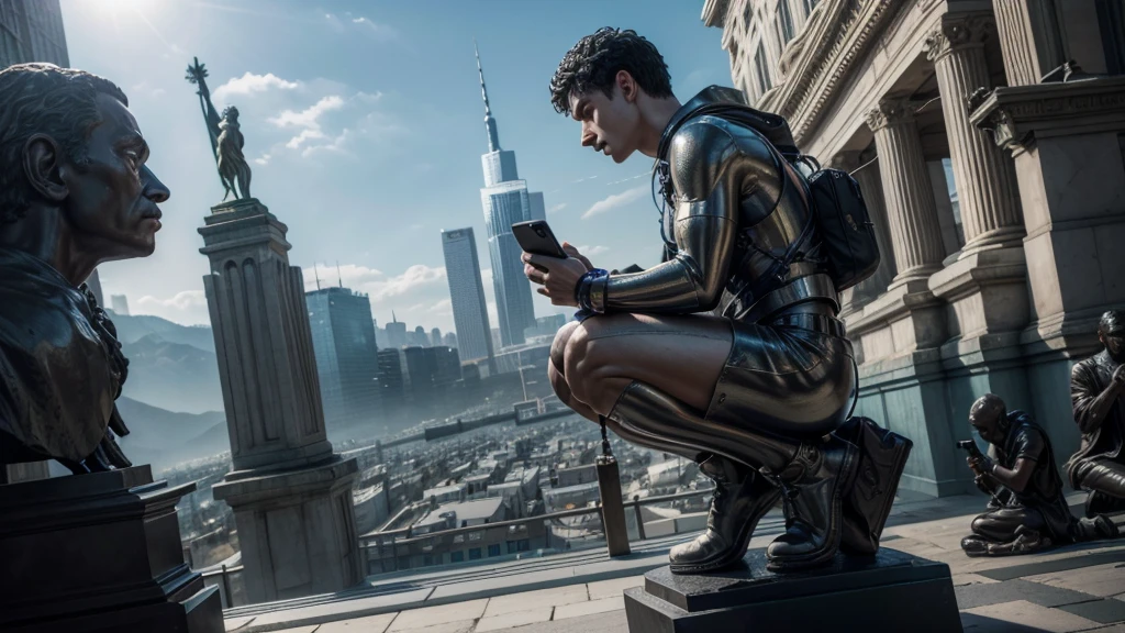 Epic image of a highly accelerated technological world with people addicted to social media and cell phone use with the presence of a stoic statue watching everything closely.