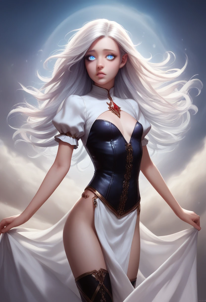1girl, masterpiece, best quality, 8k, detailed skin texture, detailed cloth texture, beautiful detailed face, intricate details, ultra detailed, girl, halfling girl, halfling, pale skin, short, short stature, very long silver hair, straight hair that curls at the end, small breasts, pouty lips, masterpiece, best quality, dynamic pose, 8k, hair covering one eye, anime eyes, bright blue eyes, detailed eyes, big round eyes, realistic eyes, windy, eyeliner, shy personality, lots of belts, wind magic, fantasy, dungeons and dragons, detailed leather corset, white cloth shirt with puffy sleeves, detailed poufy pants with folds tucked into boots