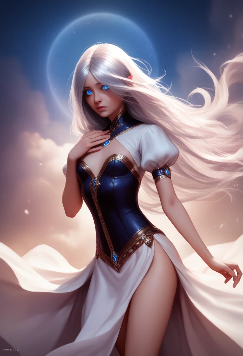 1girl, masterpiece, best quality, 8k, detailed skin texture, detailed cloth texture, beautiful detailed face, intricate details, ultra detailed, girl, halfling girl, halfling, pale skin, short, short stature, very long silver hair, straight hair that curls at the end, small breasts, pouty lips, masterpiece, best quality, dynamic pose, 8k, hair covering one eye, anime eyes, bright blue eyes, detailed eyes, big round eyes, realistic eyes, windy, eyeliner, shy personality, lots of belts, wind magic, fantasy, dungeons and dragons, detailed leather corset, white cloth shirt with puffy sleeves, detailed poufy pants with folds tucked into boots