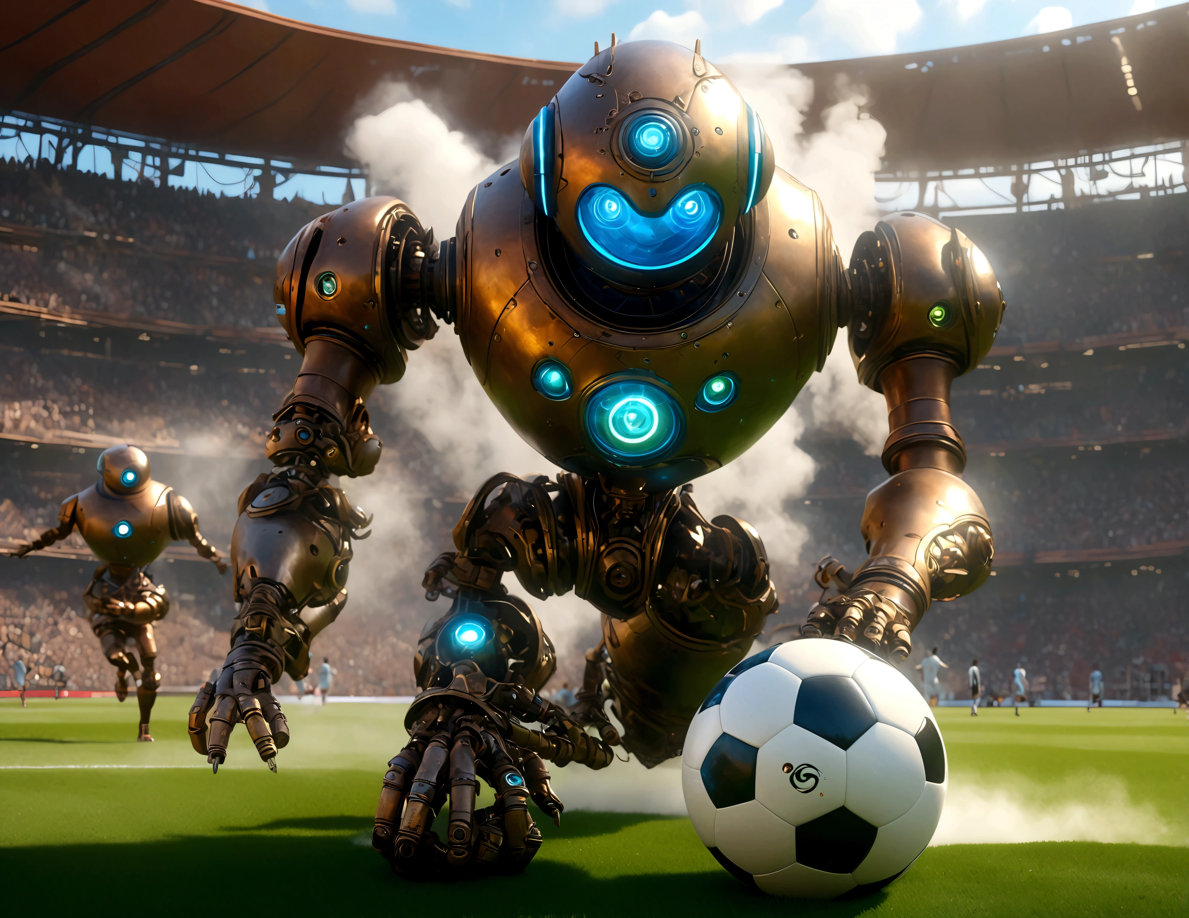 A dapper, mechanical android soccer team, steam vents, lit eyes, playing in a well-lit, packed stadium, teams with different color schemes, only one soccer ball on the field (best quality, 8k, highres, masterpiece:1.2), ultra-detailed, (realistic, photorealistic, photo-realistic:1.37), steam punk, concept art