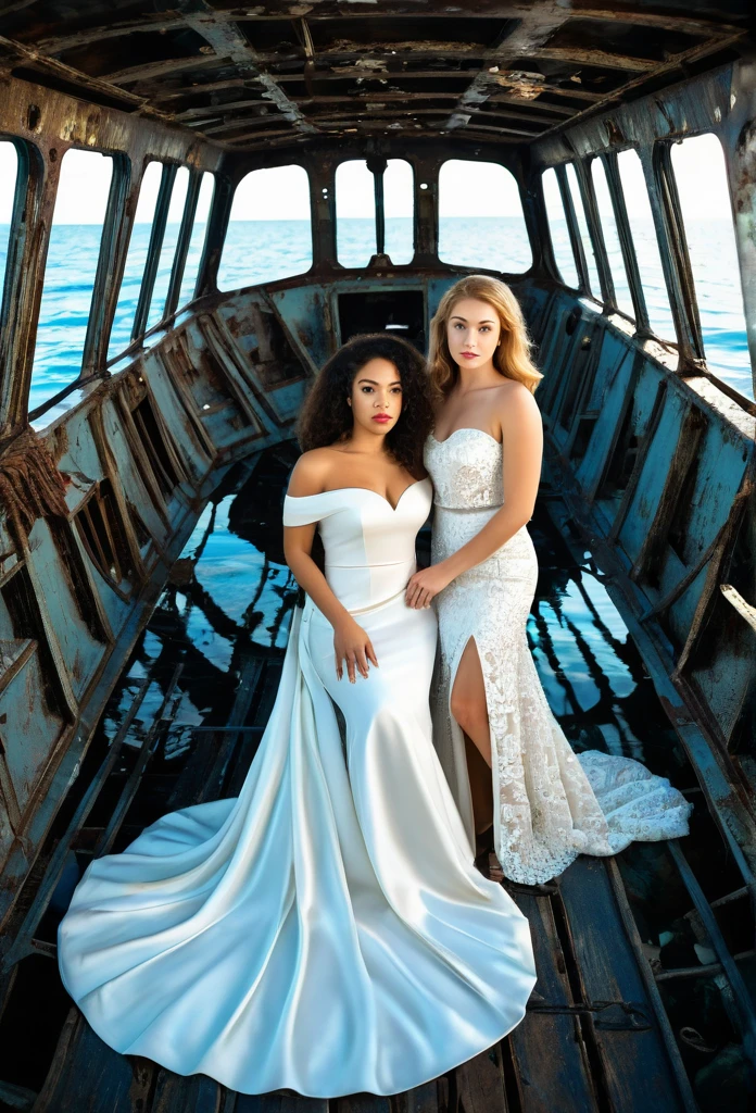 1 beautiful biracial woman and 1 white woman in elegant dress, inside a big Boat wreck under the sea