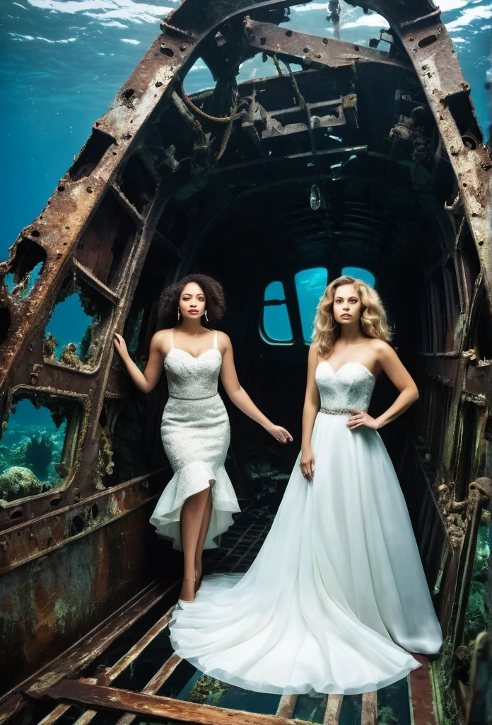 1 beautiful biracial woman and 1 white woman in elegant dress, inside a big Boat wreck under the sea