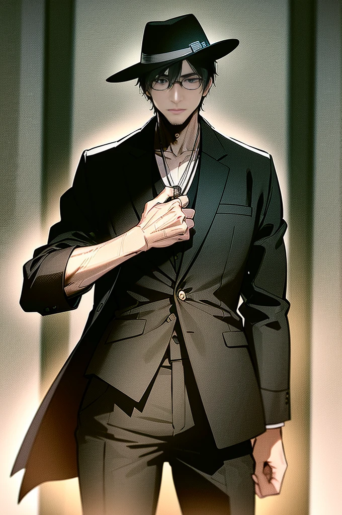 a young man with short black hair, gray eyes, wearing glasses, a black fedora hat, a black suit and black pants, holding a pocket watch, hyper-realistic, highly detailed, 8k, cinematic lighting, dark and moody atmosphere, dramatic shadows, photorealistic, intricate details, impeccable craftsmanship, chiaroscuro lighting, dramatic pose, intense gaze, cinematic composition, masterpiece